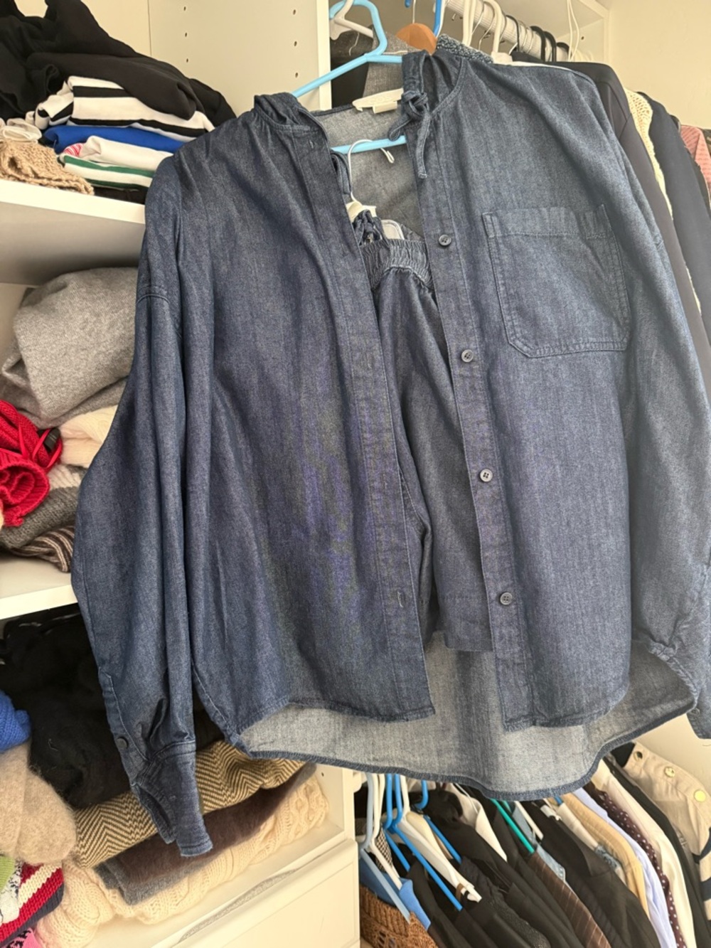 Cos 2 pieces set cotton lightweight Denim Hooded Button-Up Shirt/ shorts SZ 8
